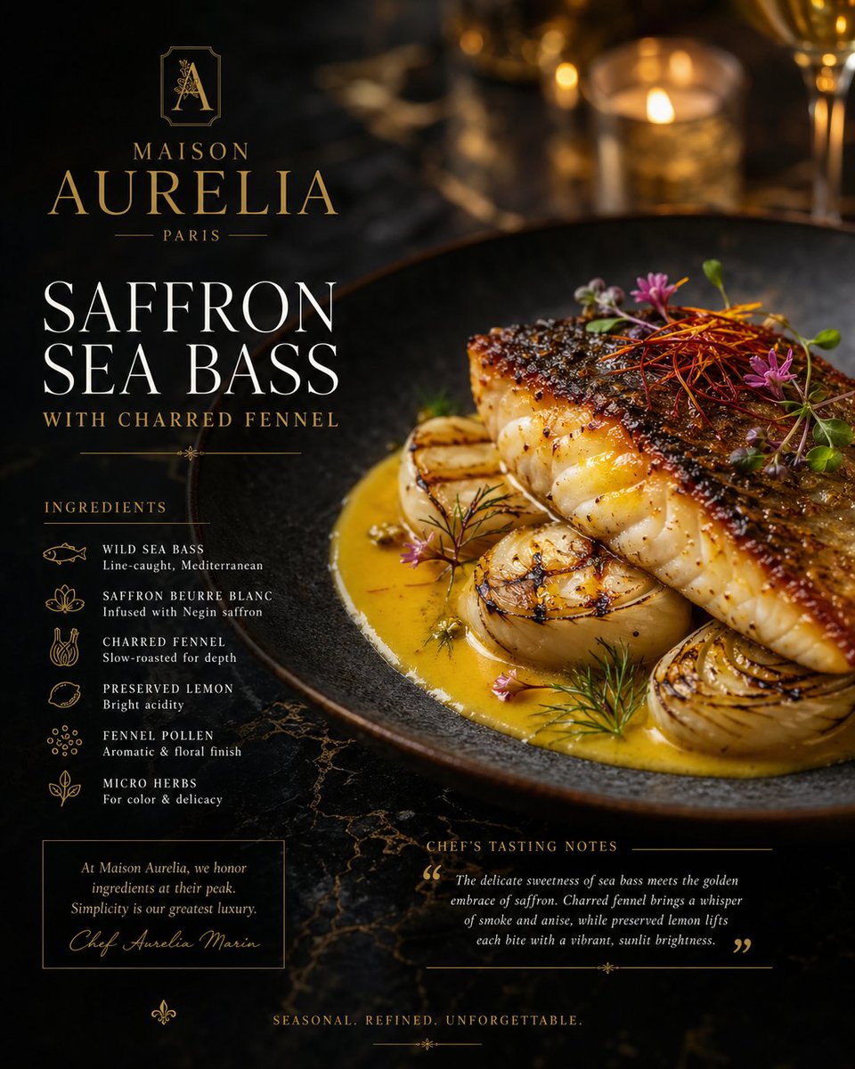 Luxury Culinary Menu Poster Qwen Image prompt example: A high-end restaurant menu prompt featuring macro food photography, marble textures, and elegant typography for a...