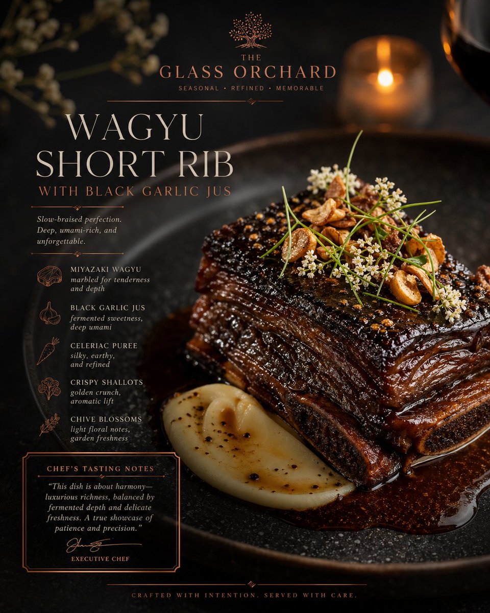 Luxury Culinary Menu Poster Qwen Image prompt example variation 2: A high-end restaurant menu prompt featuring macro food photography, marble textures, and elegant typography for...