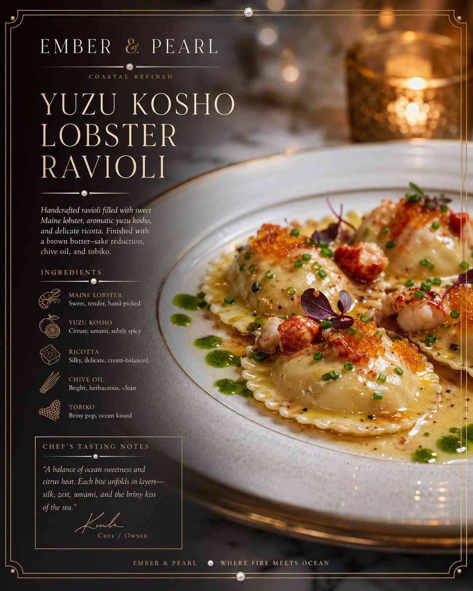 Luxury Culinary Menu Poster Qwen Image prompt example variation 4: A high-end restaurant menu prompt featuring macro food photography, marble textures, and elegant typography for...