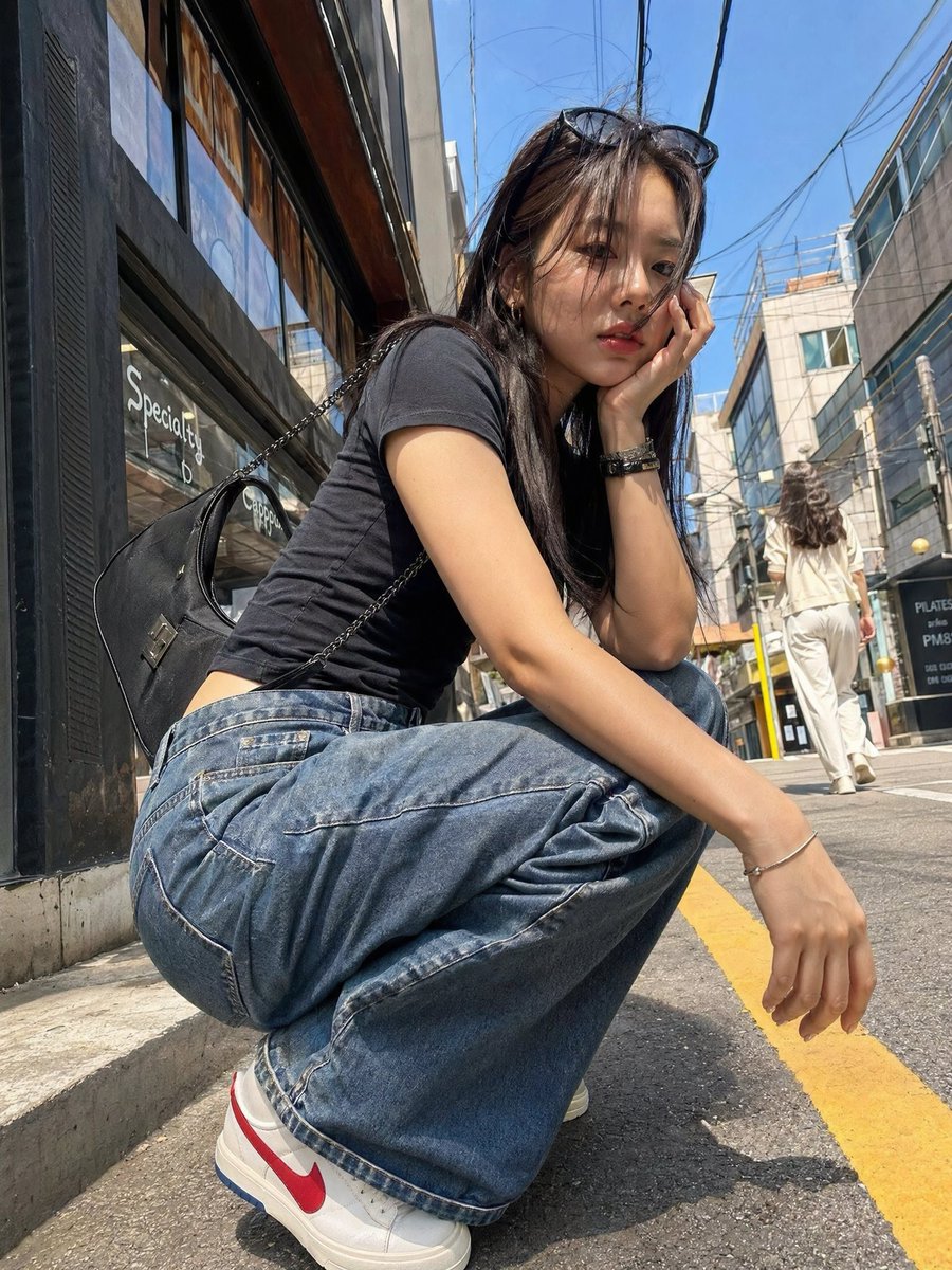 Korean Girl Street Photography 的 Qwen Image 提示词示例图 变化图 2：A dynamic street photography prompt featuring a young woman in a trendy urban setting with a strong low-angle perspective.