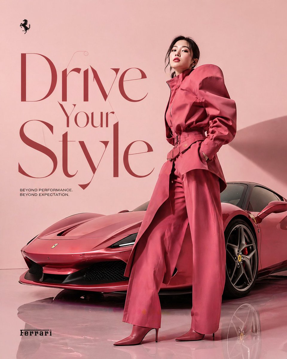 Korean Model and Luxury Car Advertisement Qwen Image prompt example: An avant-garde editorial advertisement prompt matching a Korean model's outfit to a luxury sports car.