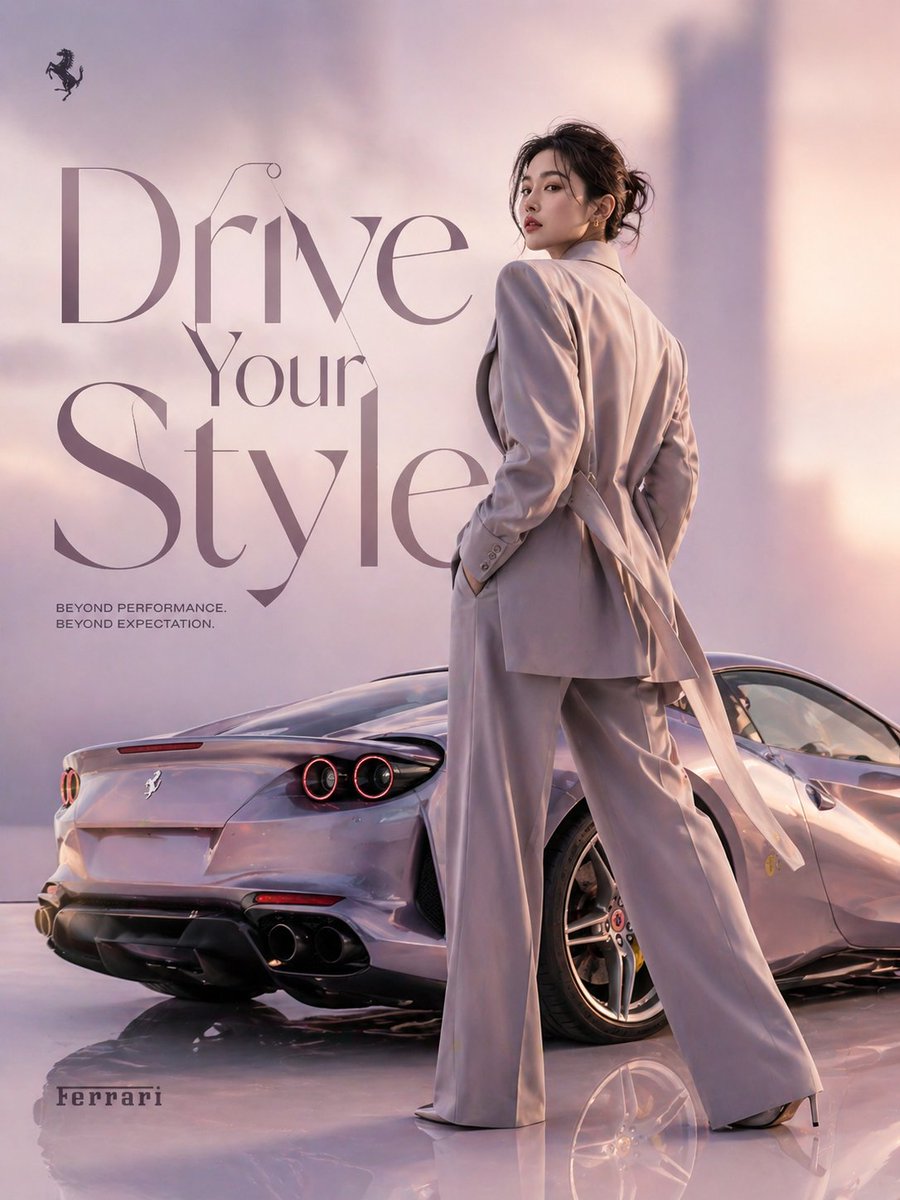 Korean Model and Luxury Car Advertisement Qwen Image prompt example variation 2: An avant-garde editorial advertisement prompt matching a Korean model's outfit to a luxury sports...