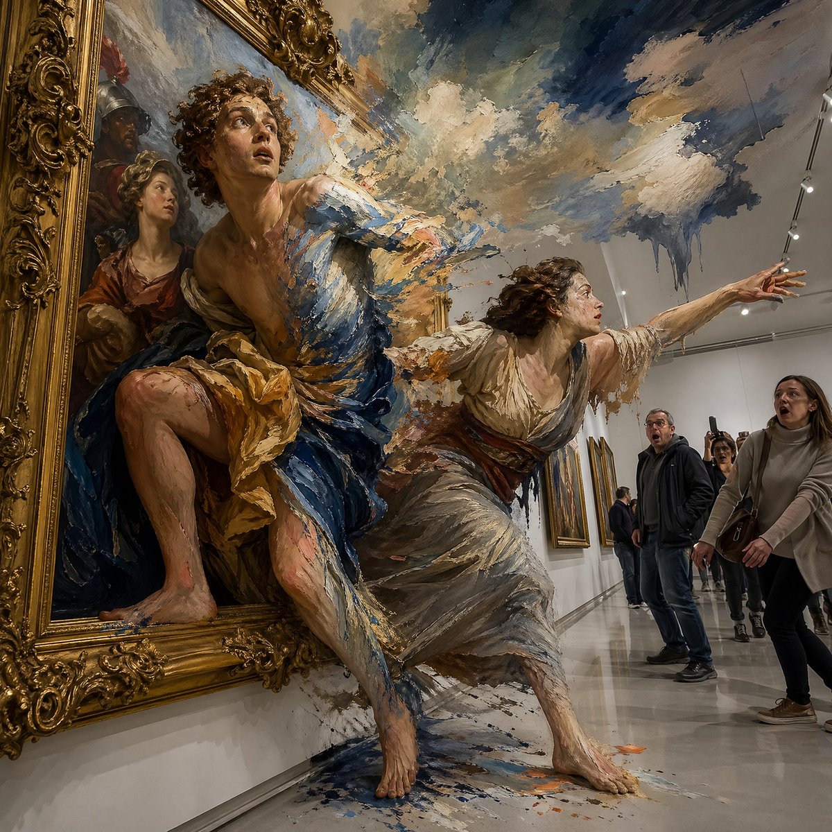 Surreal Baroque Painting Reality Fracture 的 GPT Image 2 提示词示例图:A highly creative prompt describing a baroque oil painting coming to life in a modern white gallery.