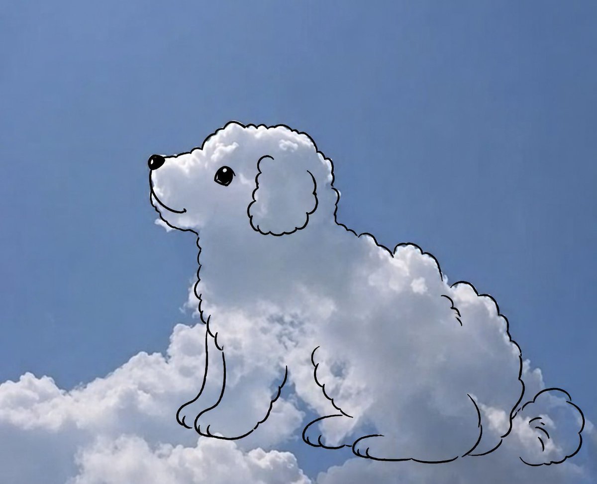 Cloud shape doodle generation Qwen Image prompt example: A creative prompt that identifies shapes in clouds and overlays doodles onto the original image without altering it,...