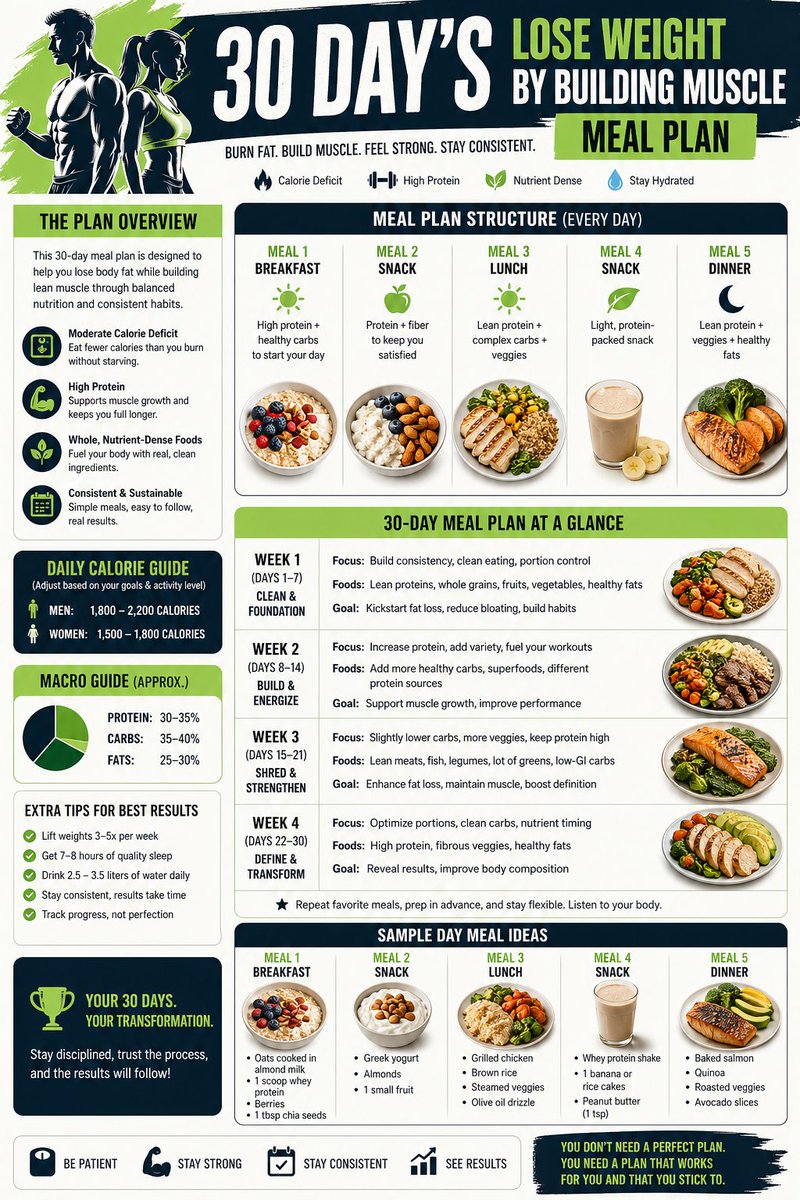 Health and Fitness Infographic Prompt のQwen Imageプロンプト例: A straightforward prompt for generating an infographic focused on a 30-day meal plan for weight loss and muscle building.