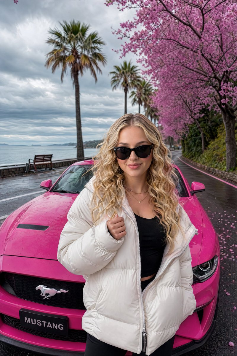 Luxury Lifestyle Mustang Shot Qwen Image prompt example: An social media app-style luxury lifestyle prompt featuring a woman and a pink Ford Mustang on a scenic coastal road...