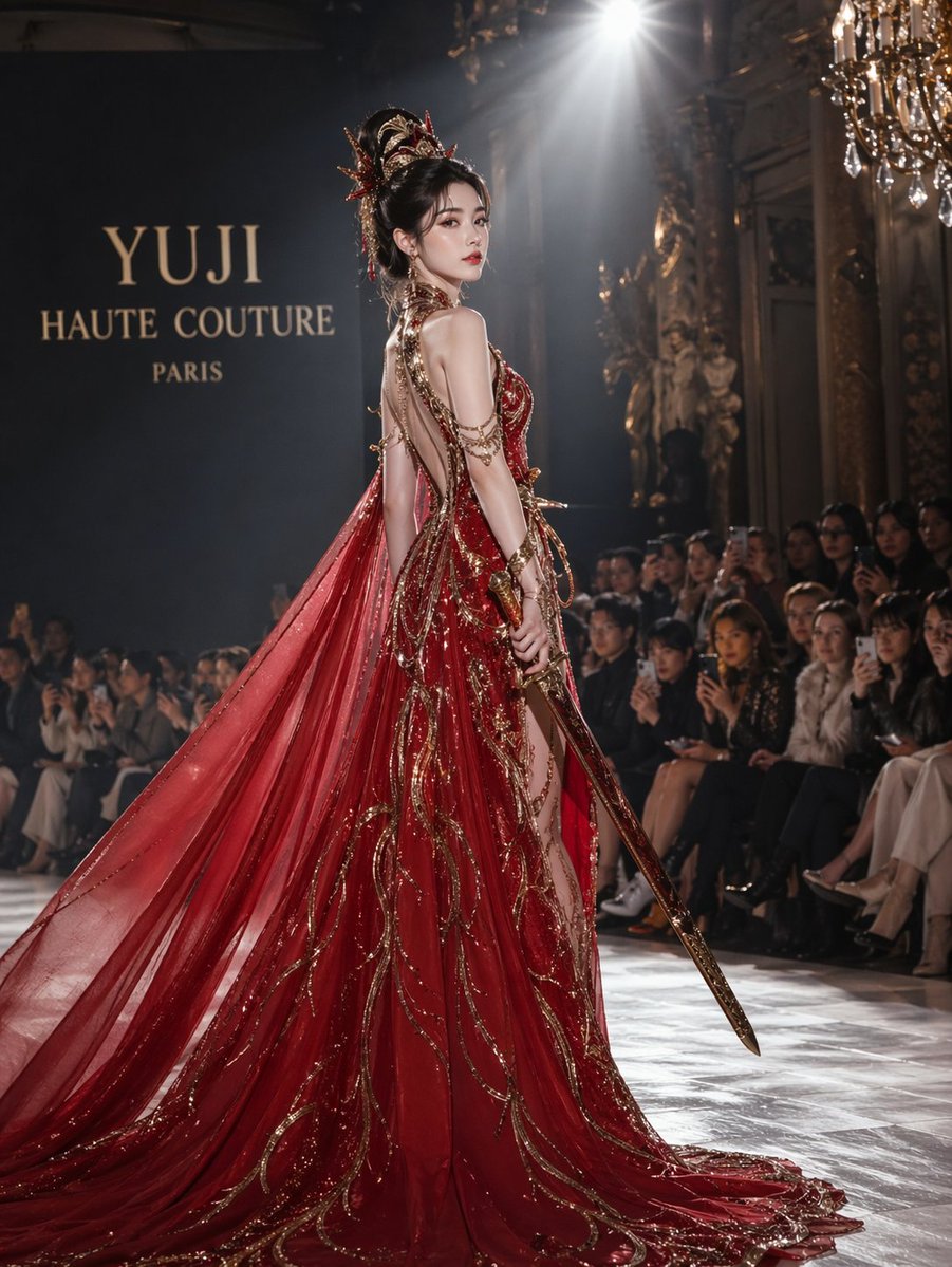 High fashion dress show prompt Qwen Image 프롬프트 예시: A prompt for generating a character wearing high-end fashion on a runway under spotlights.