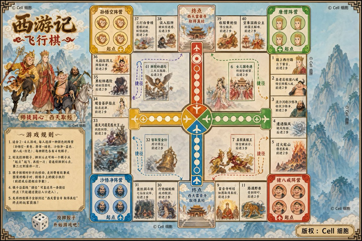Journey to the West Flying Chess prompt GPT Image 2 prompt example: A prompt for designing a custom board game (Flying Chess) based on a classic story theme for children.
