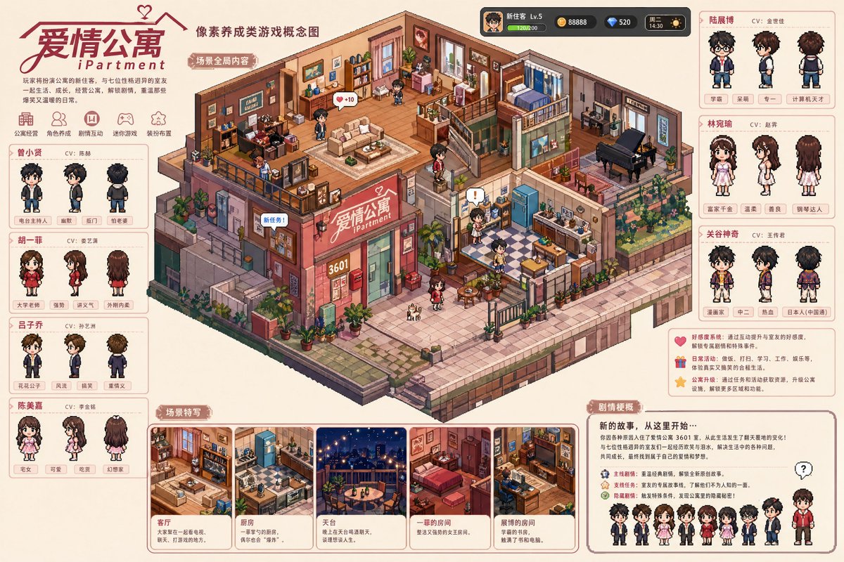 Pixel art game concept prompt Qwen Image 프롬프트 예시: Generates a pixel art game concept sheet with character views and scene details.