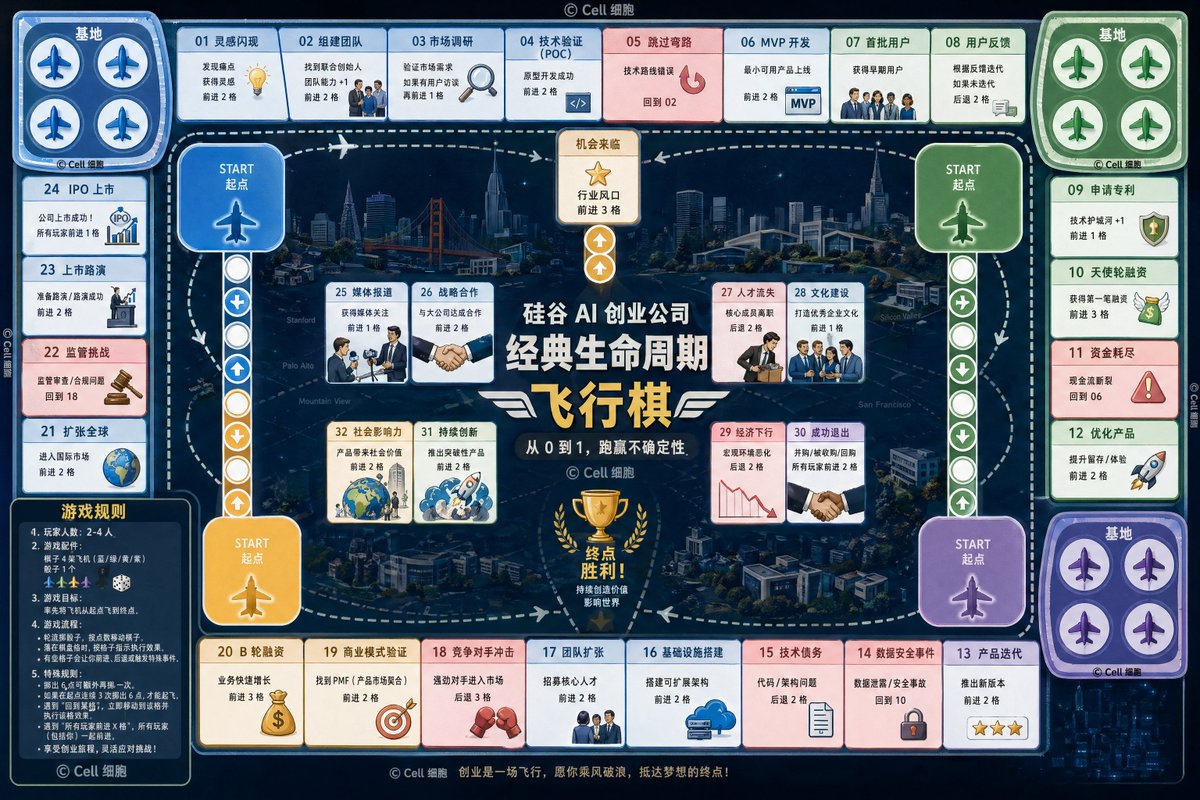 AI Startup lifecycle game prompt GPT Image 2 prompt example: A creative prompt to visualize a startup journey as a board game layout.