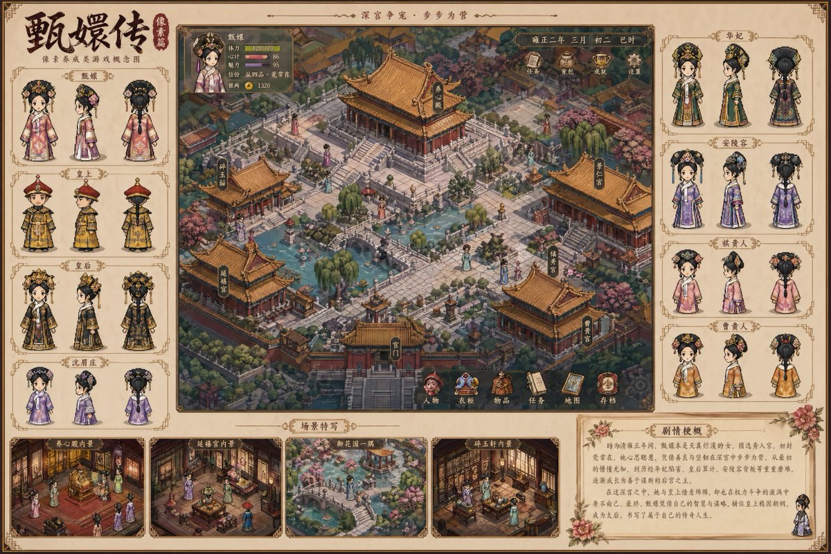 Historical drama pixel art concept GPT Image 2 prompt example: Visualizes a pixel art cultivation game based on a specific historical television drama.