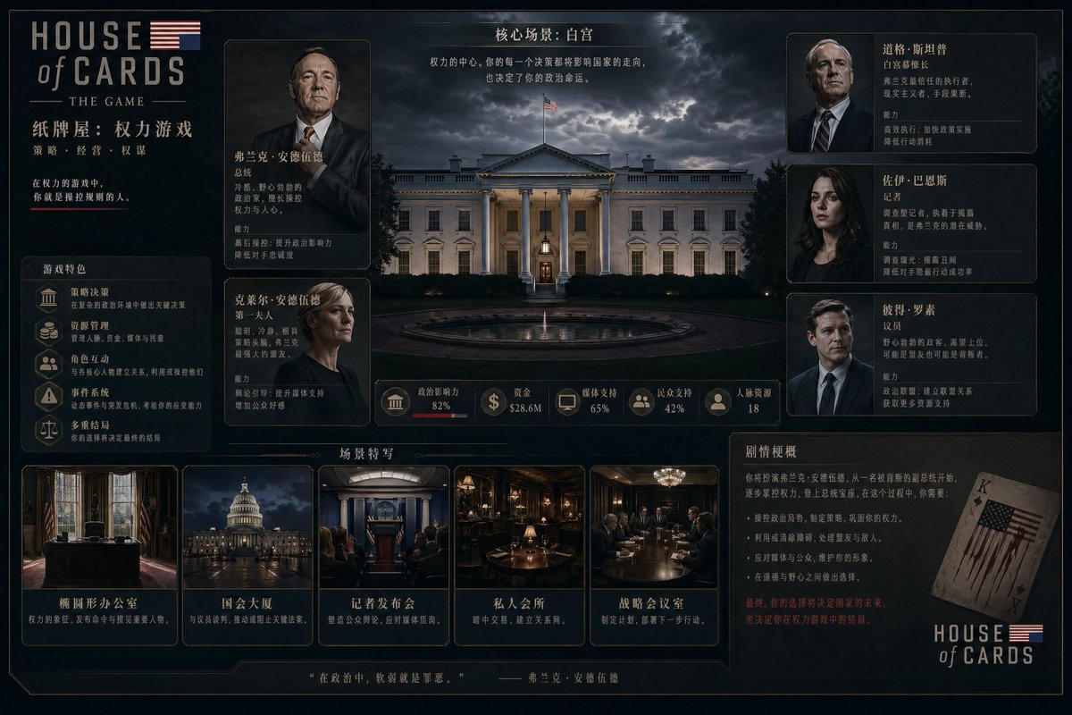 Video game management UI concept Qwen Image prompt example: Creates a layout for a management game concept featuring character introductions and scene details.
