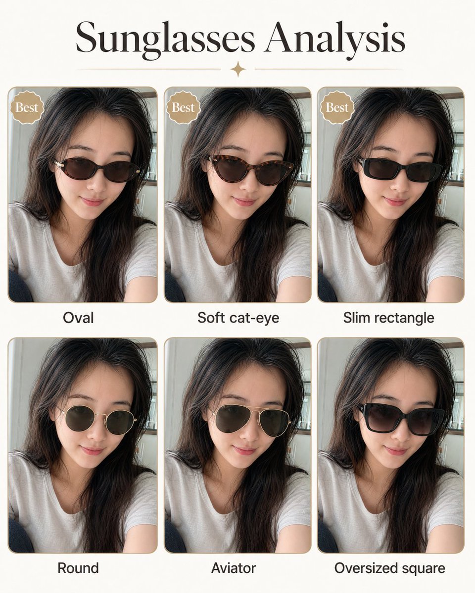Personal image analysis graphic prompt Qwen Image prompt example: A template for creating a visual comparison graphic for personal styling like hairstyles or fashion accessories.