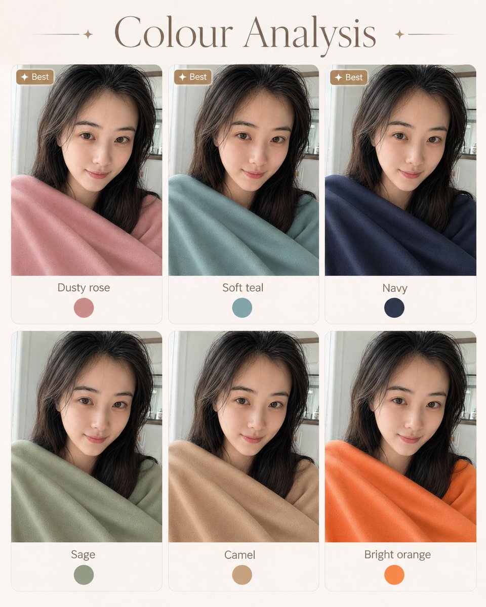 Personal image analysis graphic prompt Qwen Image prompt example variation 2: A template for creating a visual comparison graphic for personal styling like hairstyles or fashion...
