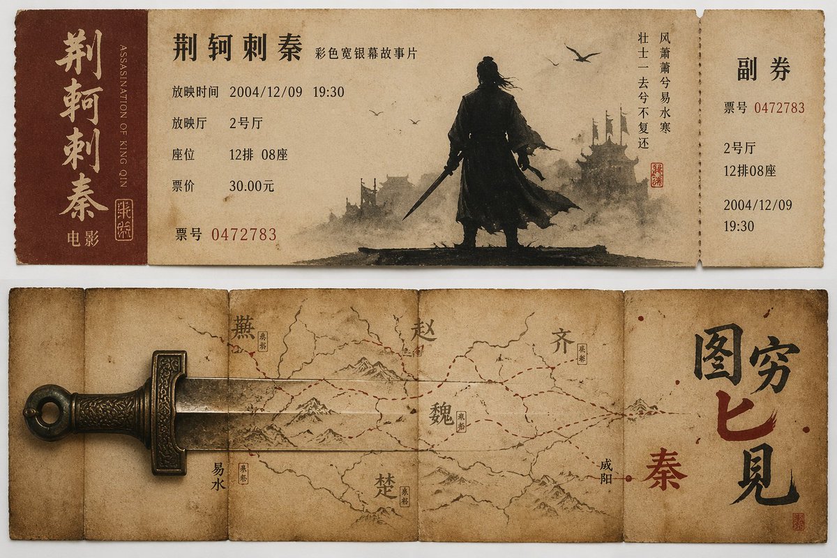Nostalgic movie ticket stub prompt 的 Qwen Image 提示词示例图:A prompt for creating a stylized movie ticket stub with specific visual elements and text.