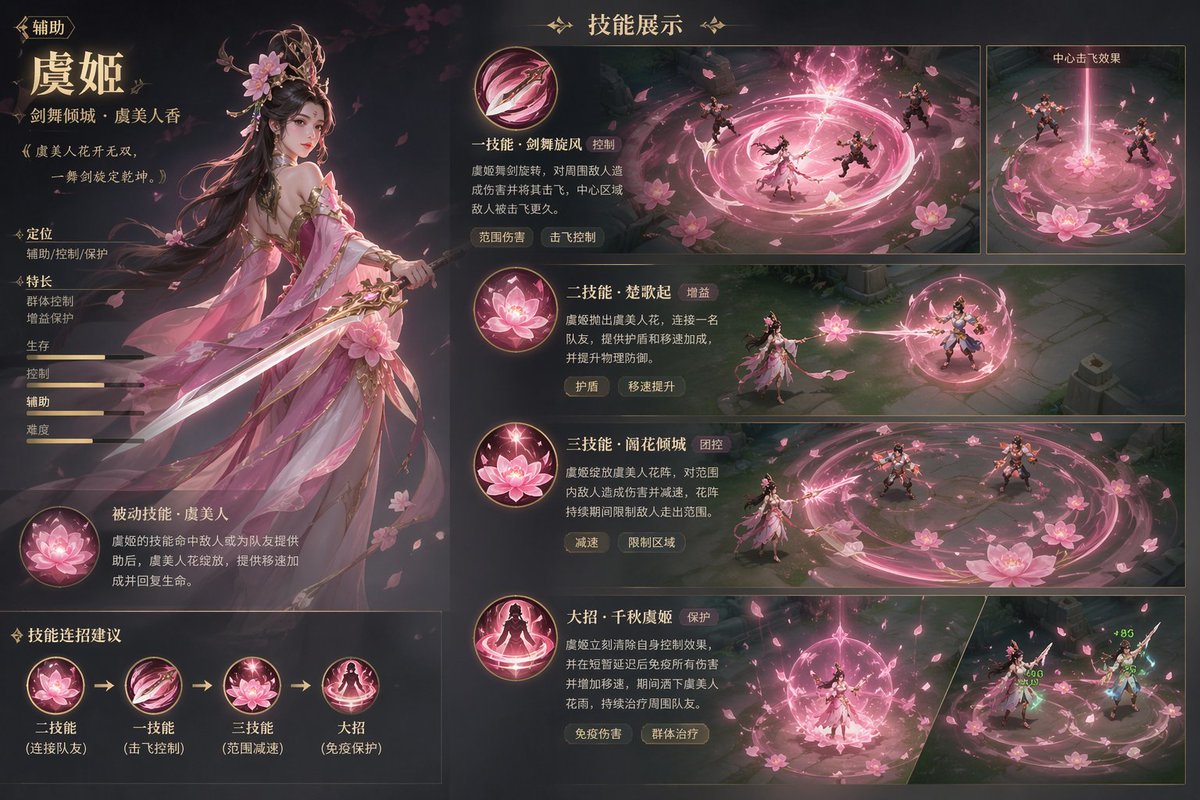 Game character skill concept prompt Qwen Image prompt example: Visualizes a game character's auxiliary skills and visual effects.