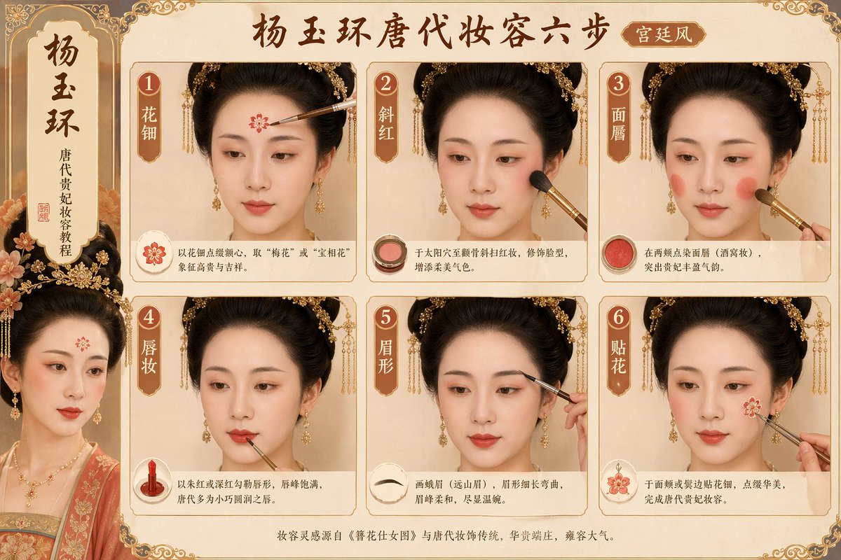 Tang Dynasty makeup steps prompt のQwen Imageプロンプト例: A prompt for visualizing a historical makeup routine in a palace style.