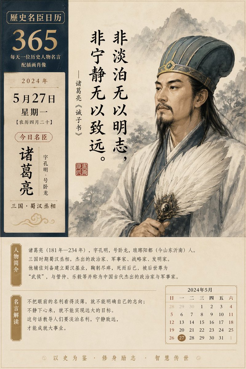 Historical figure calendar prompt 的 GPT Image 2 提示词示例图:A prompt for generating a daily calendar featuring historical figures with quotes and illustrations.