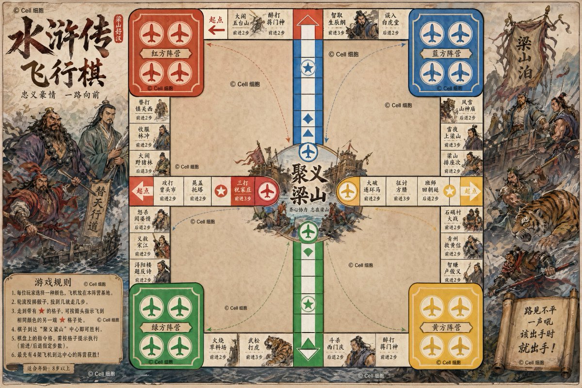 Water Margin Themed Flying Chess Board Qwen Image 프롬프트 예시: A comprehensive prompt to design a complete board game layout based on the Water Margin story for children.