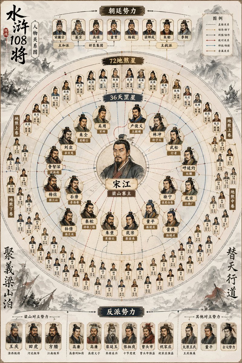 Water Margin 108 Heroes Relationship Map GPT Image 2 prompt example: A detailed poster prompt utilizing ink wash and infographic styles to map the complex social network of 108...