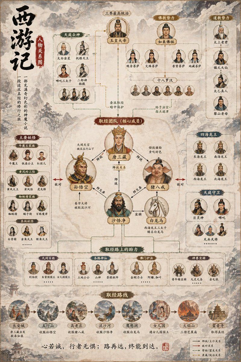 Water Margin 108 Heroes Relationship Map GPT Image 2 prompt example variation 3: A detailed poster prompt utilizing ink wash and infographic styles to map the complex social...