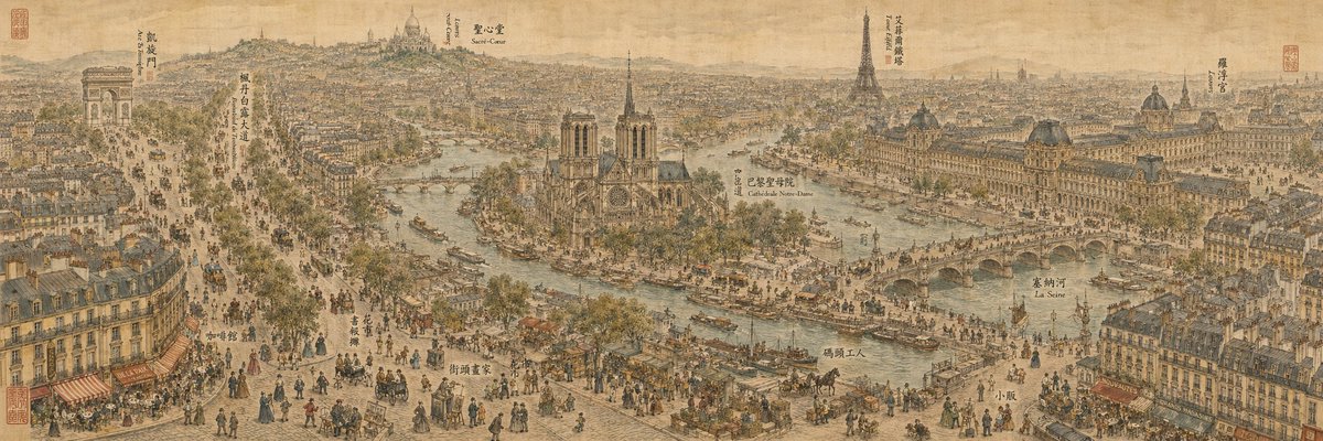 19th Century Paris in Chinese Ink Style 的 Qwen Image 提示词示例图:A creative fusion prompt that paints 19th-century Paris using the scatter perspective and brushwork of 'Along the...