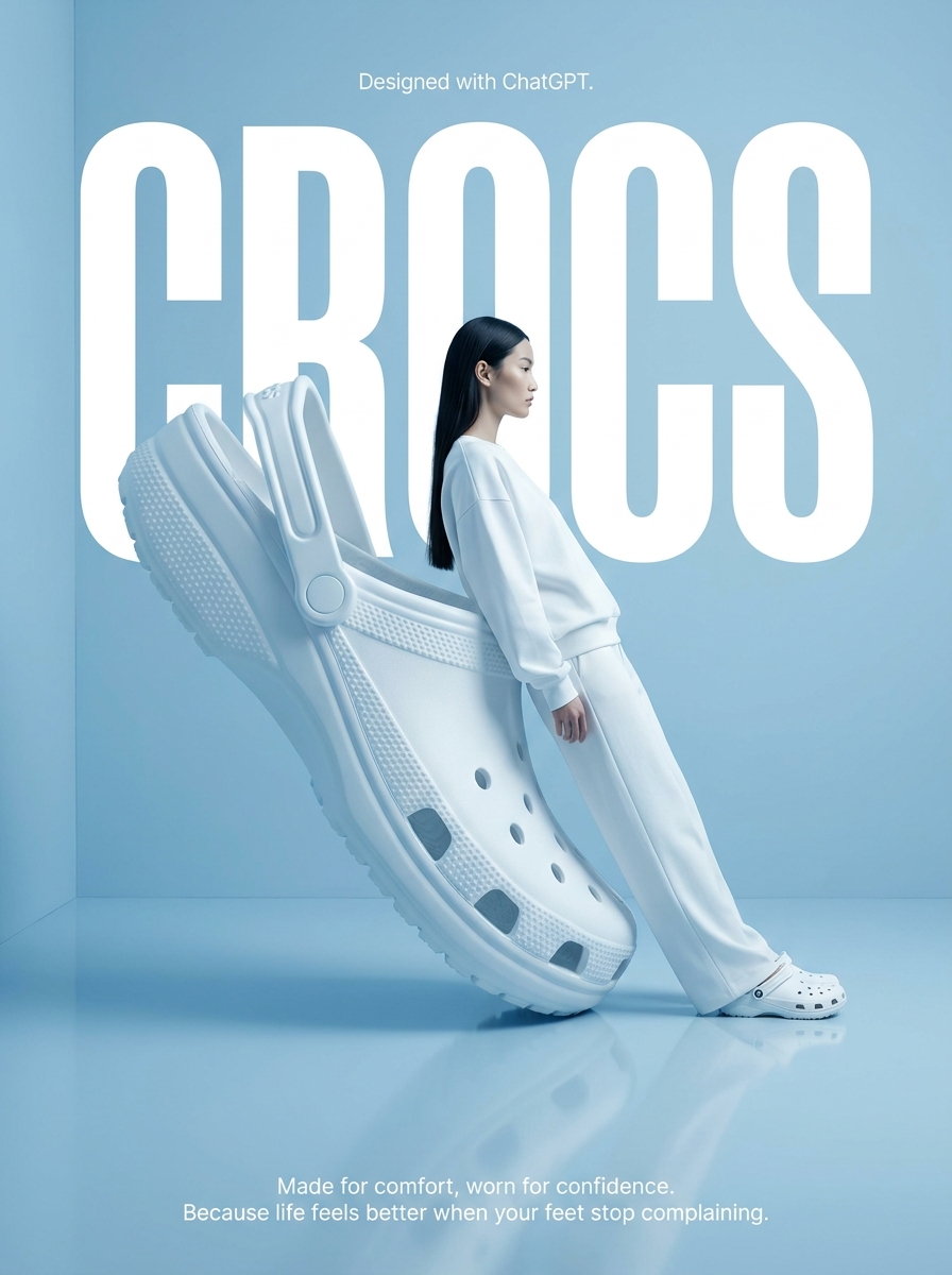 Surrealist High-Fashion Brand Poster Qwen Image prompt example: A surrealist advertising poster prompt featuring oversized brand props, fashion models, and minimalist studio...