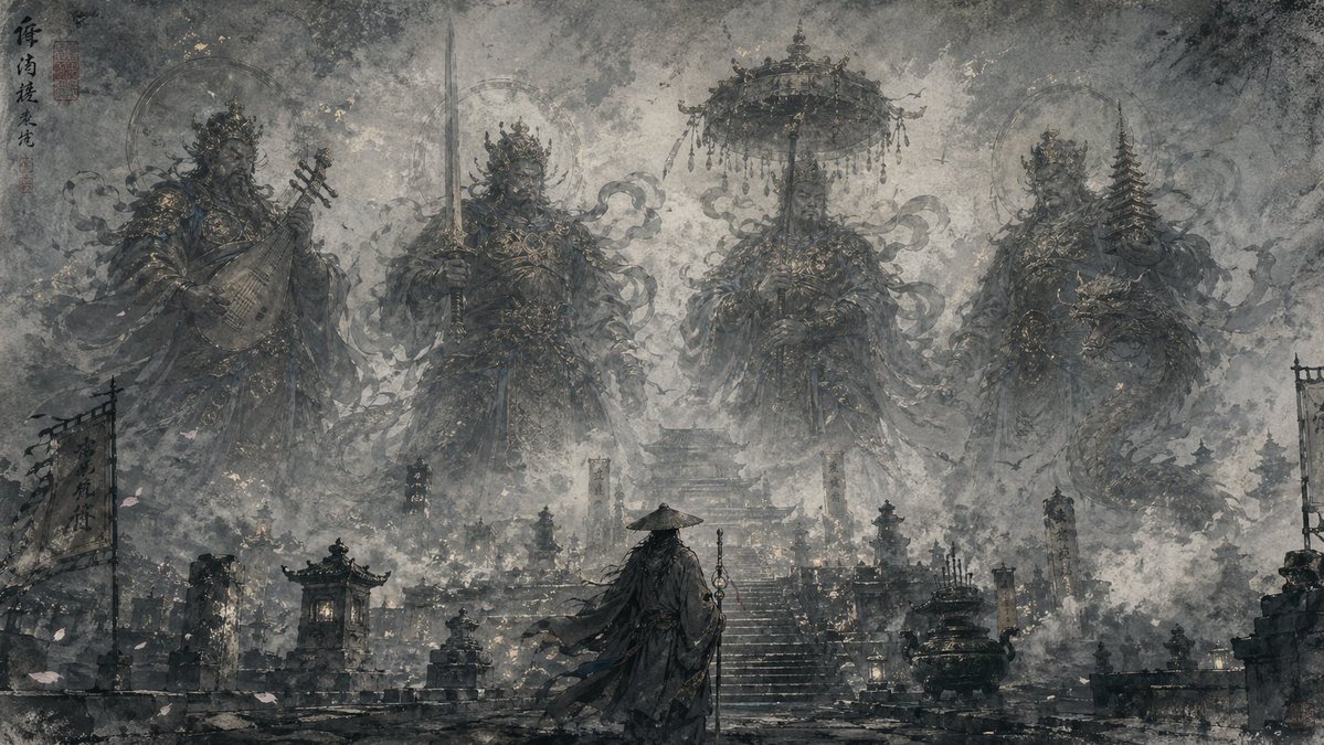 Eastern Ink Fantasy Illustration Qwen Image 프롬프트 예시: An evocative prompt for generating ethereal and mysterious Eastern ink-style illustrations featuring translucent silhouettes,...