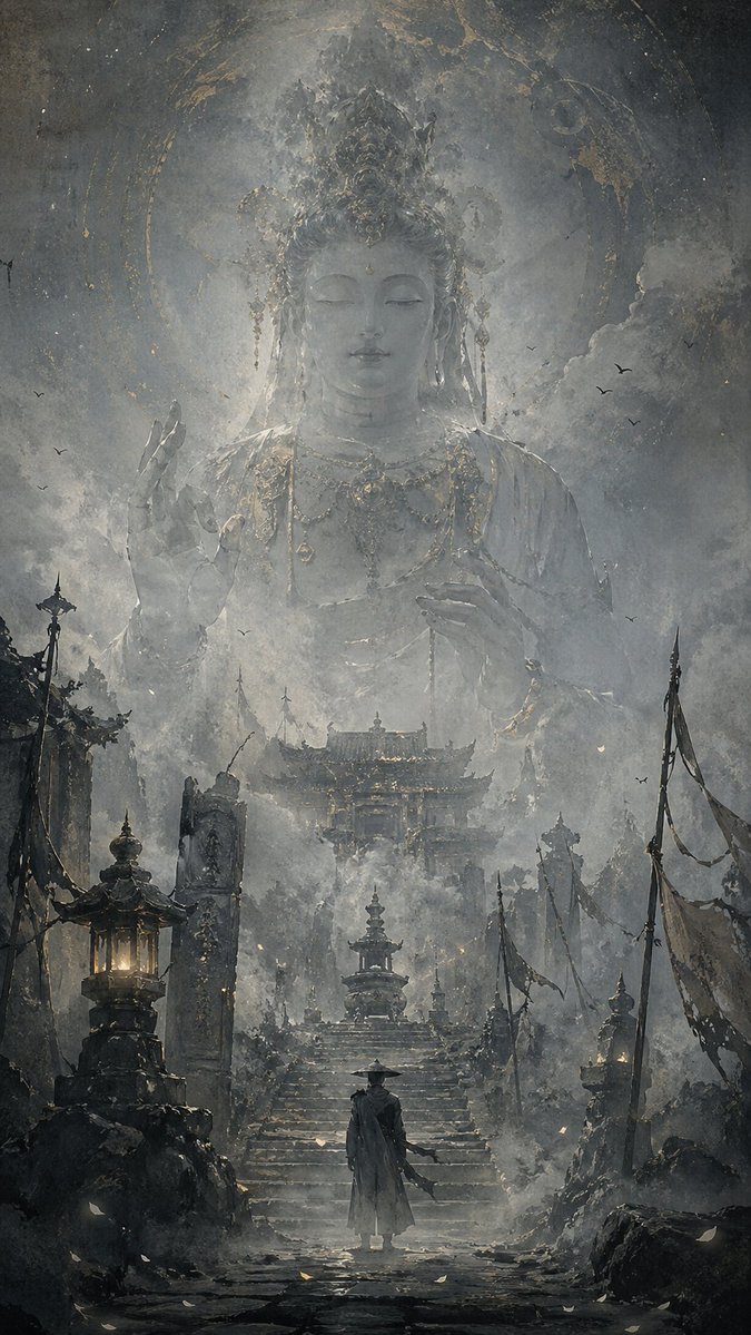 Eastern Ink Fantasy Illustration Qwen Image 프롬프트 예시 변형 2: An evocative prompt for generating ethereal and mysterious Eastern ink-style illustrations featuring translucent...