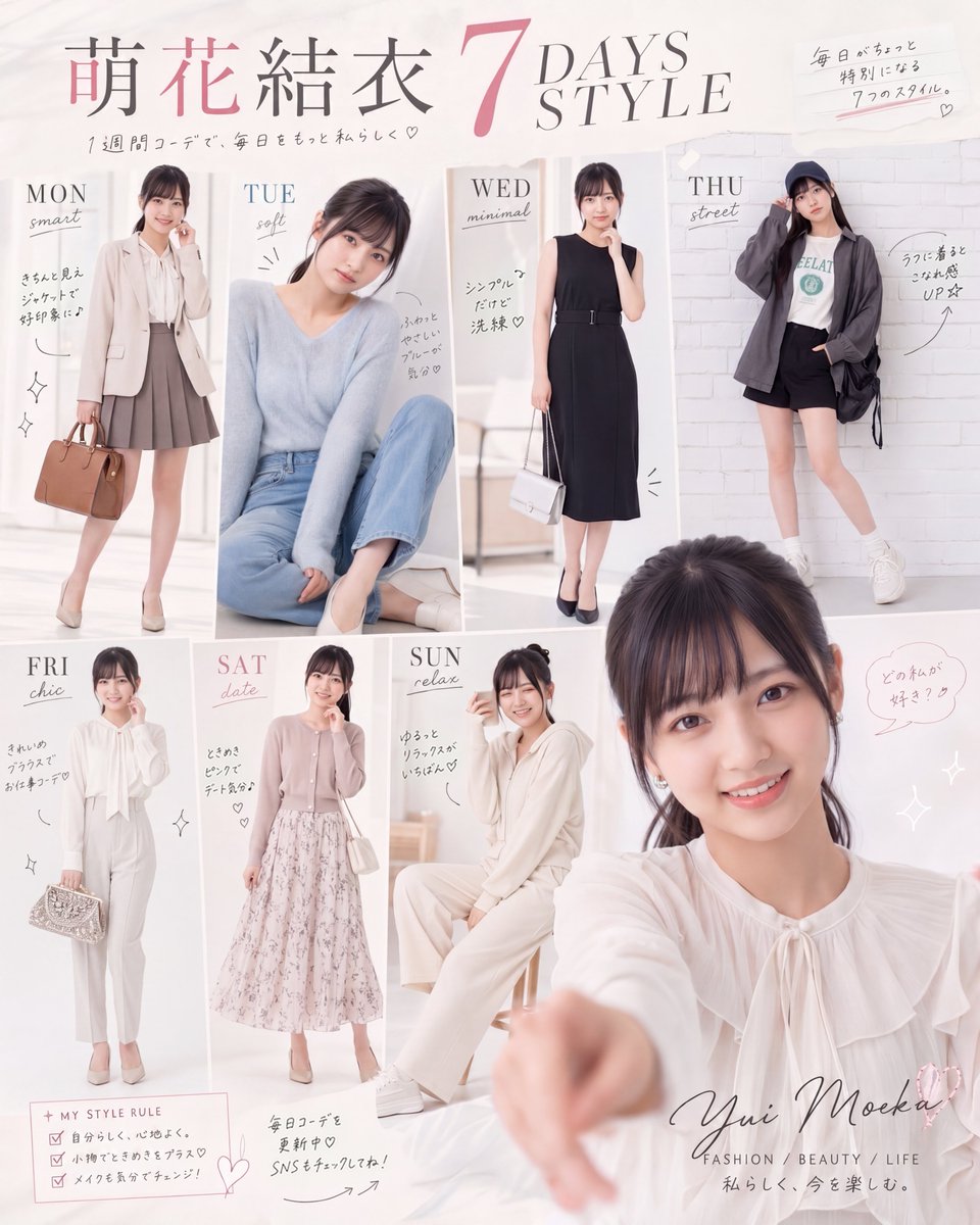 Fashion Magazine Style Idol Outfit Post GPT Image 2 prompt example: A prompt for creating a fashion magazine-style social media post featuring weekly outfit coordination for a...