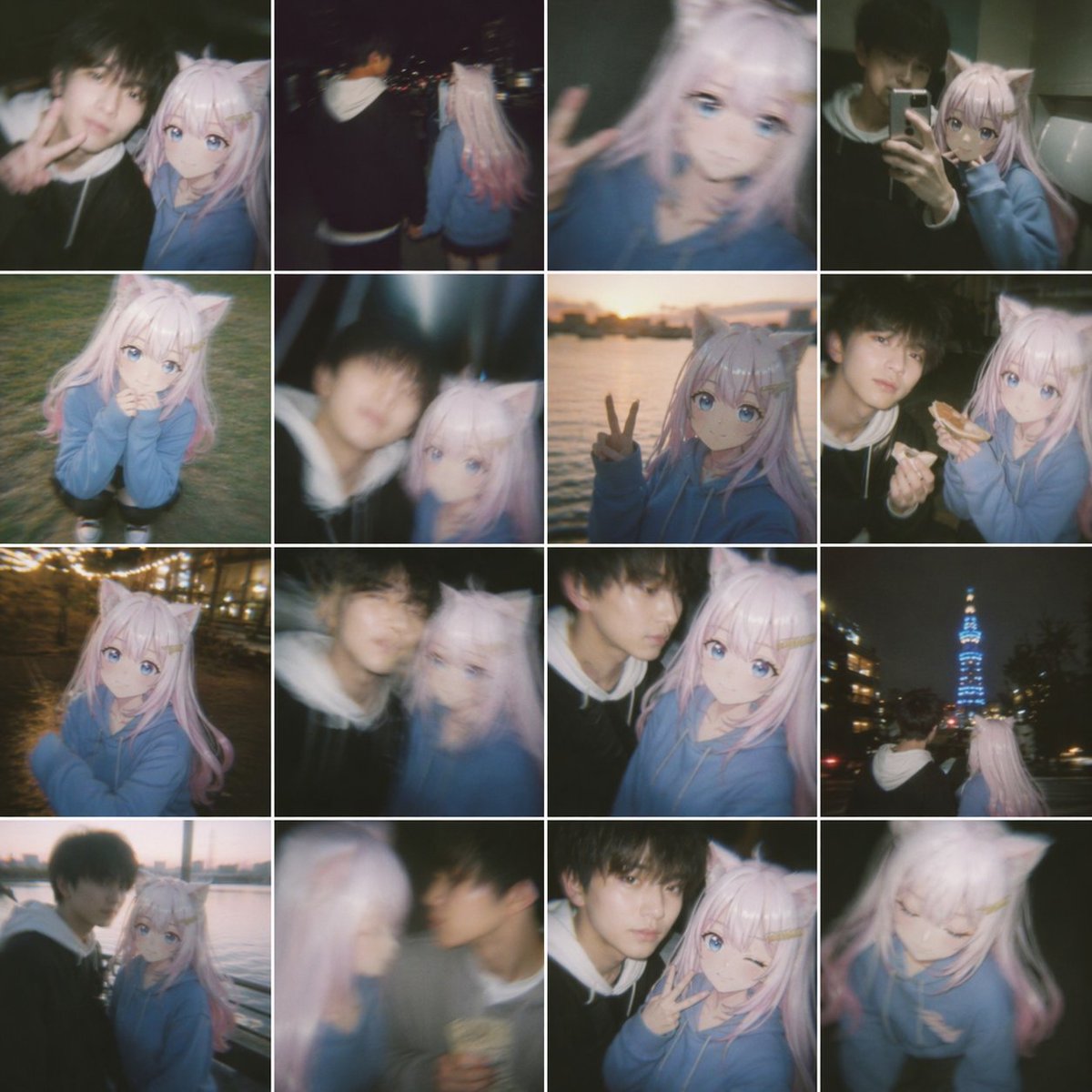 Nostalgic Shaky Film Couple Selfies のQwen Imageプロンプト例: Generates a 16-grid collection of realistic, nostalgic 'memory' photos of a couple, characterized by a shaky, amateur...