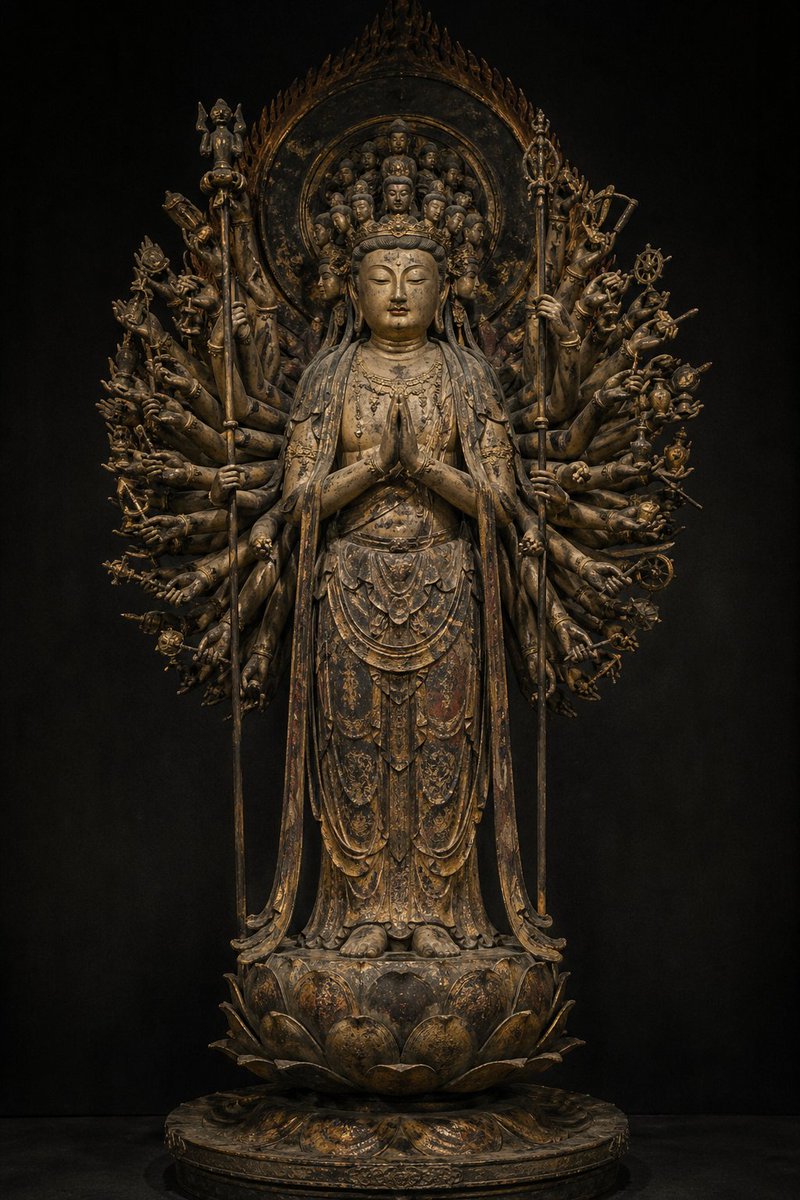 Traditional Japanese Buddhist Statue Qwen Image prompt example: A highly detailed prompt for generating a serene and majestic Senju Kannon (Thousand-Armed Kannon) statue in the...