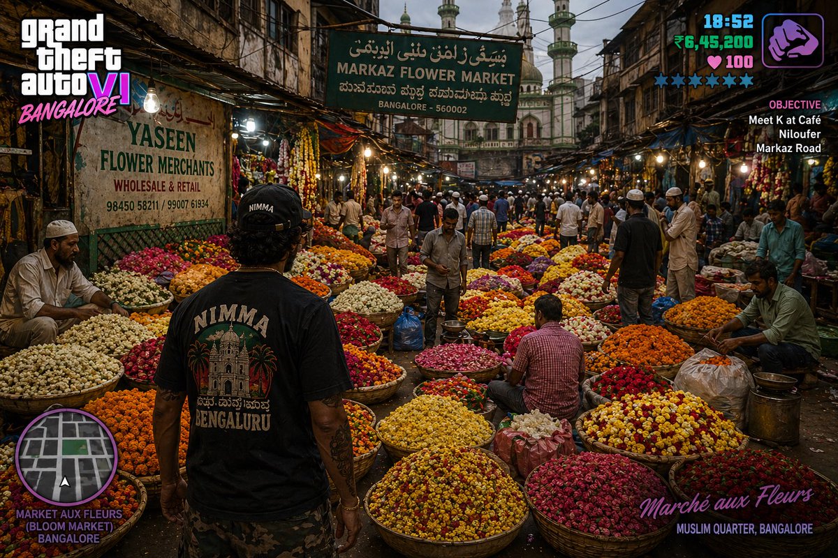 retro open-world game 6 in Bangalore Flower Market Qwen Image prompt example: A prompt visualizing the retro open-world game 6 game aesthetic set within the vibrant flower market...