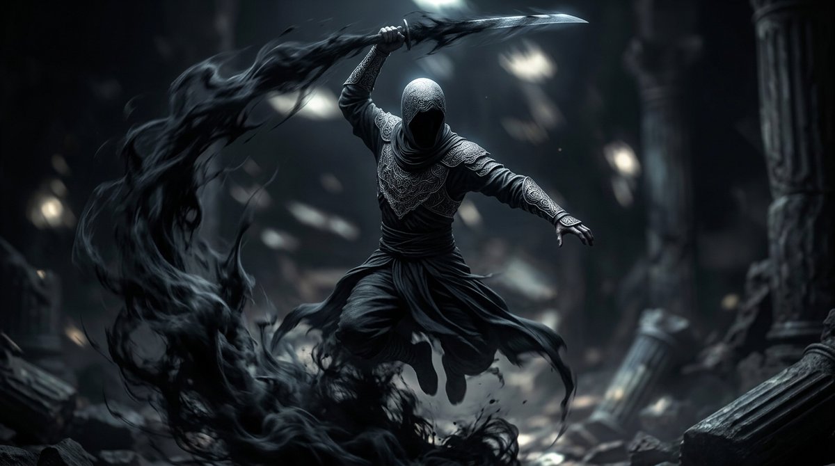 Shadow Assassin in Ruined Temple Qwen Image 프롬프트 예시: This prompt generates a cinematic dark-fantasy action artwork of a hooded assassin warrior wielding shadow energy, ideal for...