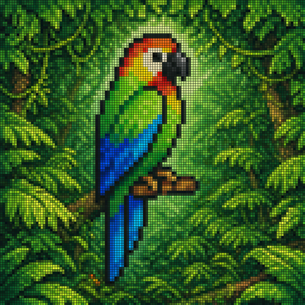 Tropical Parrot Pixel Mosaic GPT Image 2 prompt example: A colorful tiled mosaic illustration of a tropical parrot in lush jungle foliage, ideal for generating decorative...