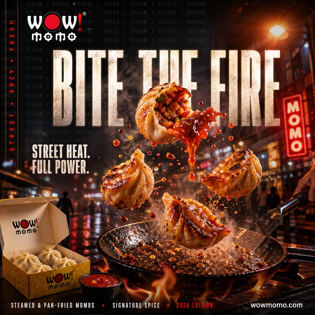 Cinematic Fiery Momo Street Food Ad Qwen Image prompt example: A dramatic night-time food advertisement poster featuring 4 momos, bold typography, neon street atmosphere, and...