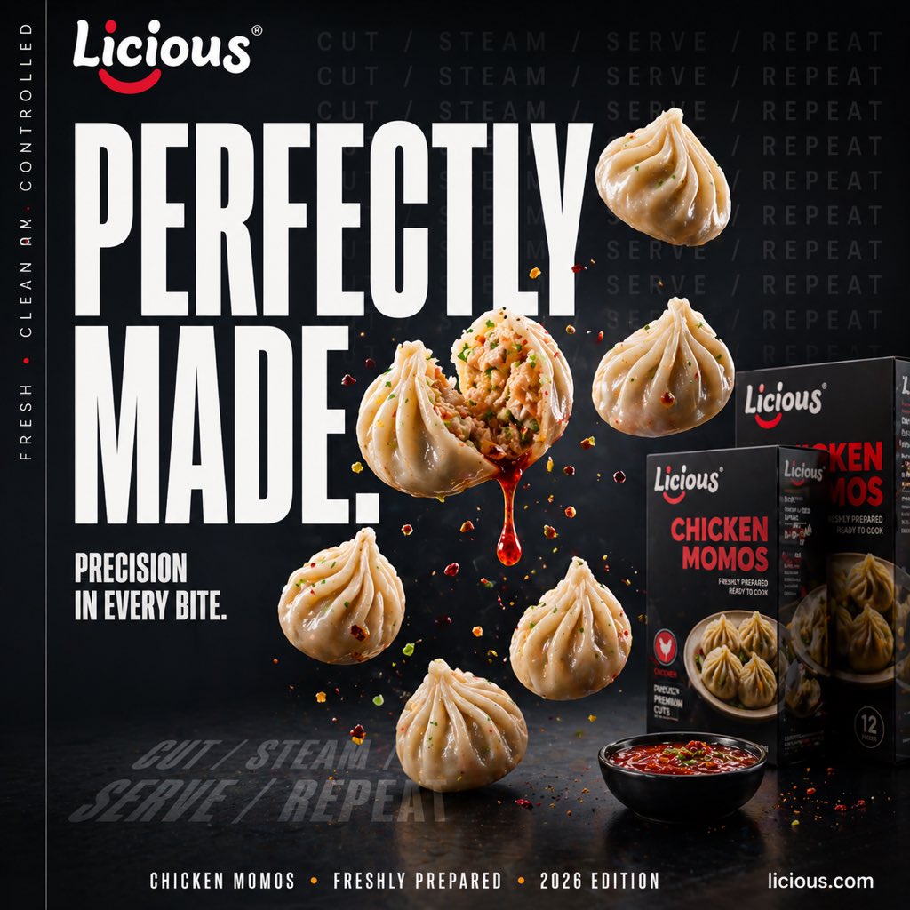 Cinematic Chicken Momos Ad Poster Qwen Image prompt example: A dark, high-end commercial food poster showcasing floating chicken momos, bold typography, and branded packaging for...