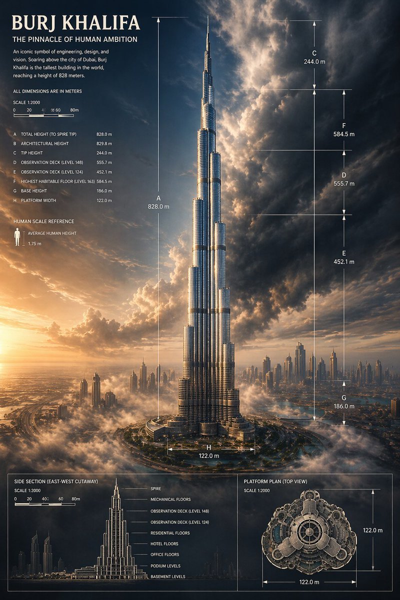 Burj Khalifa Epic Infographic Poster Qwen Image prompt example: A cinematic architectural infographic poster of the Burj Khalifa, ideal for generating premium editorial,...