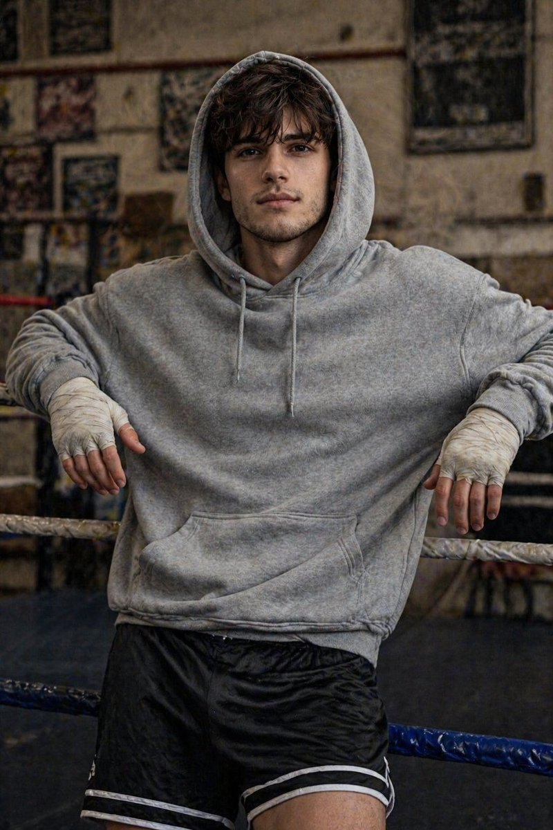 Gritty Boxer Leaning on Ring Ropes Qwen Image prompt example: This prompt generates a photorealistic editorial-style portrait of an athlete in a boxing ring, ideal for fitness...