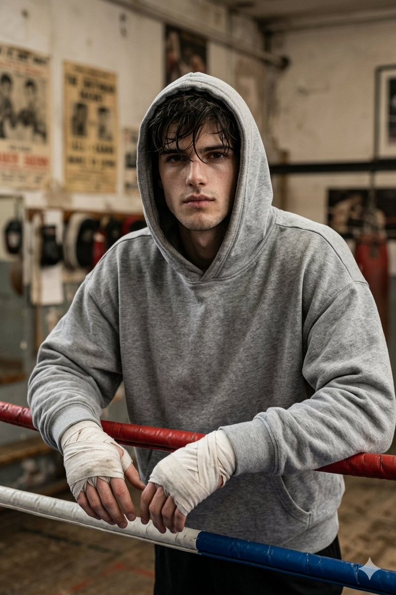 Gritty Boxer in Vintage Gym Qwen Image prompt example: This prompt generates a realistic cinematic portrait of a hooded boxer leaning on ring ropes in an old-school gym, ideal...