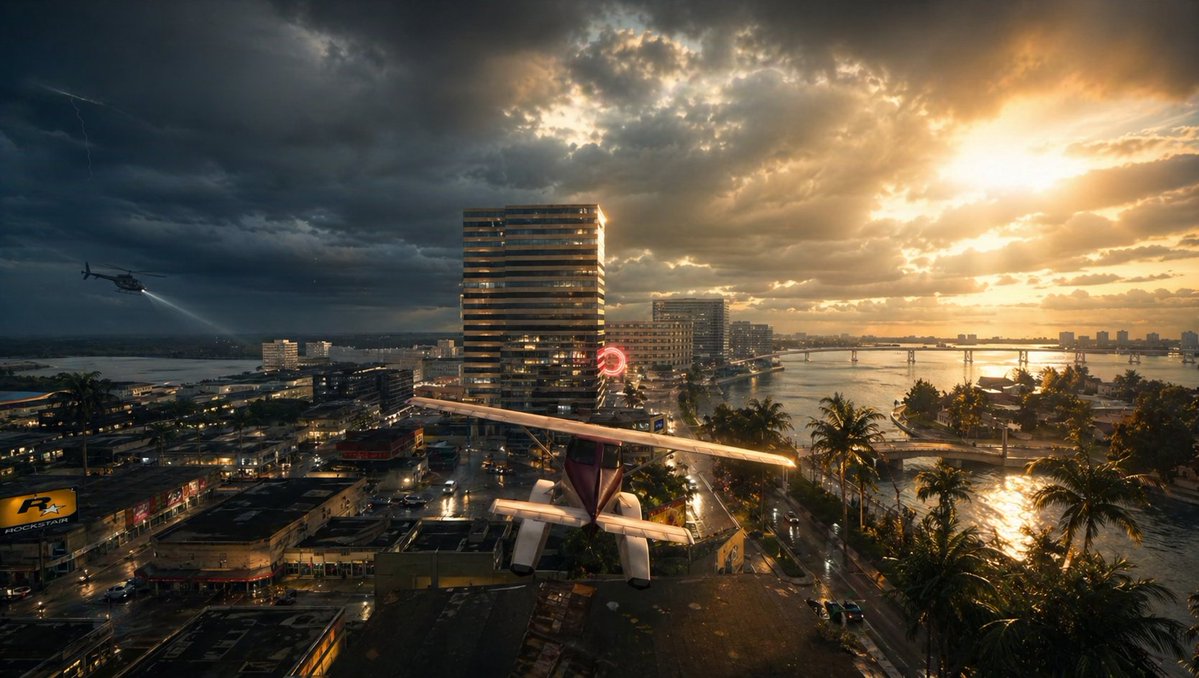 Stormy Tropical City With Rooftop Plane Qwen Image prompt example: This prompt generates a cinematic photoreal cityscape with a rooftop airplane, storm clouds, helicopter, and...