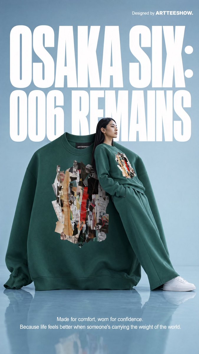 Editorial Osaka Six Sweatshirt Ad のQwen Imageプロンプト例: A surreal high-fashion streetwear poster showing a giant green sweatshirt, a matching model, and bold campaign typography,...