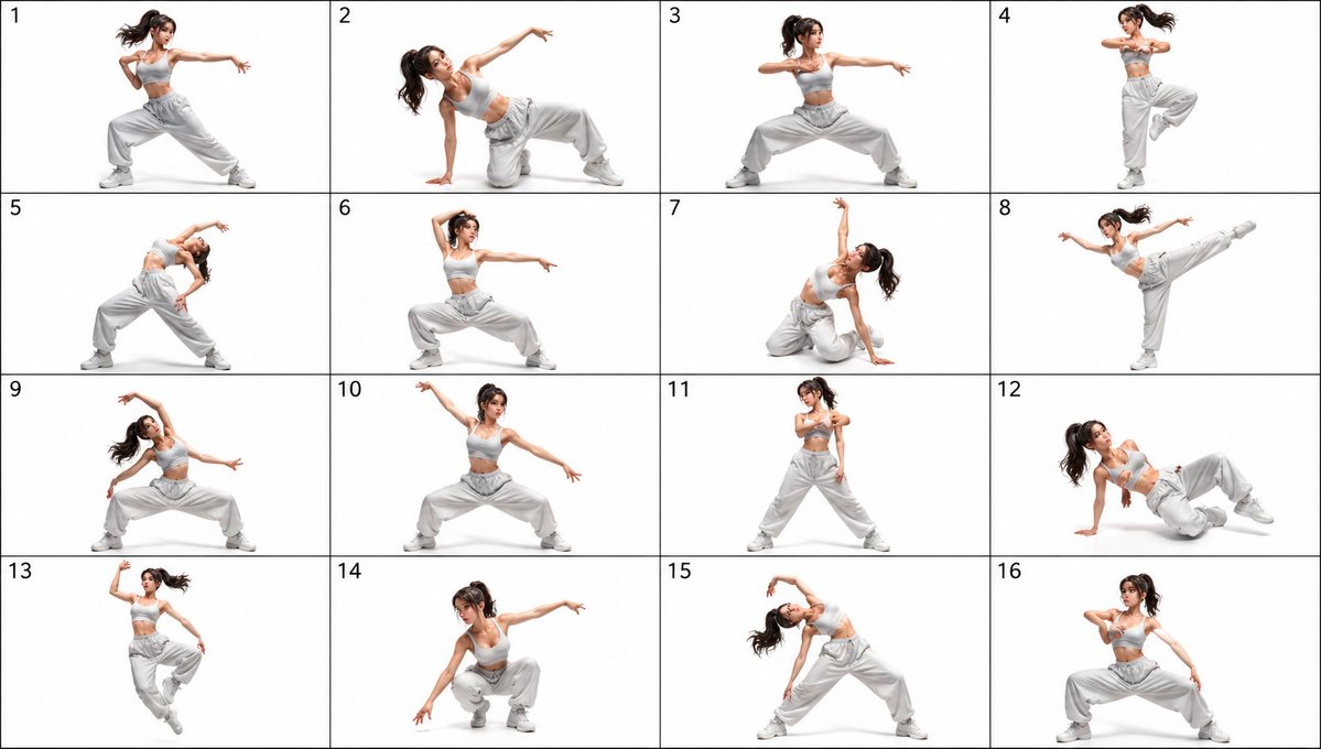 16-Pose Dance Reference Sheet GPT Image 2 prompt example: A photorealistic 4x4 studio pose chart showing a female dancer in 16 numbered movement poses, useful for dance, action,...