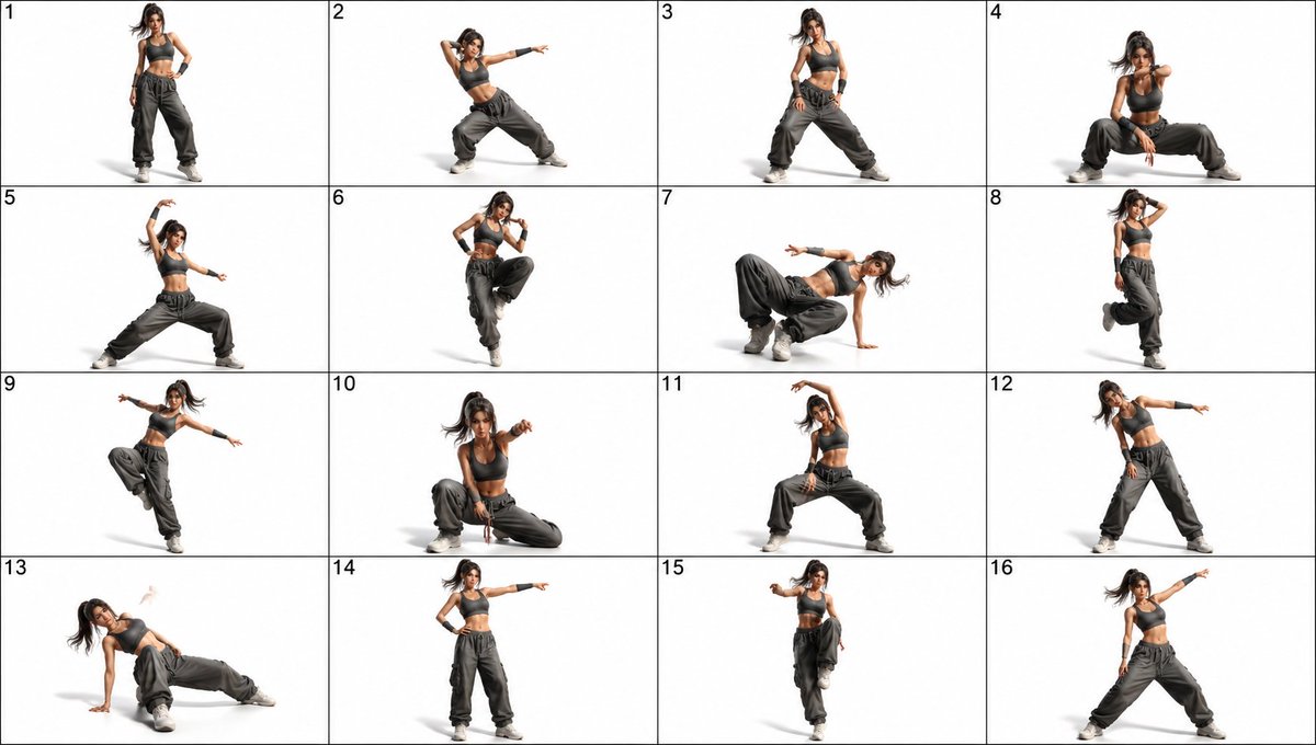 16-Panel Female Dance Pose Sheet Qwen Image prompt example: A photorealistic 4-by-4 choreography reference sheet showing a sporty young woman in 16 full-body hip-hop and...