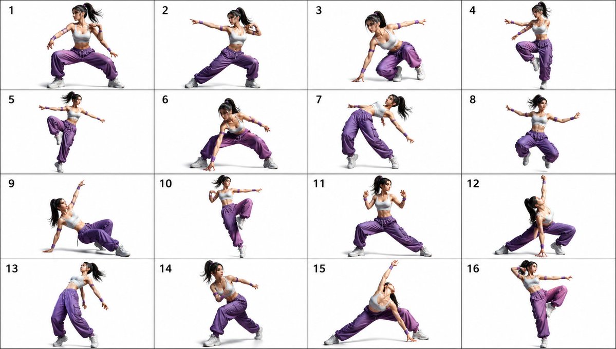 16-Pose Dance Combat Reference Sheet Qwen Image prompt example: A numbered 4x4 studio pose chart showing one athletic female dancer in sixteen dynamic hip-hop or combat-style...