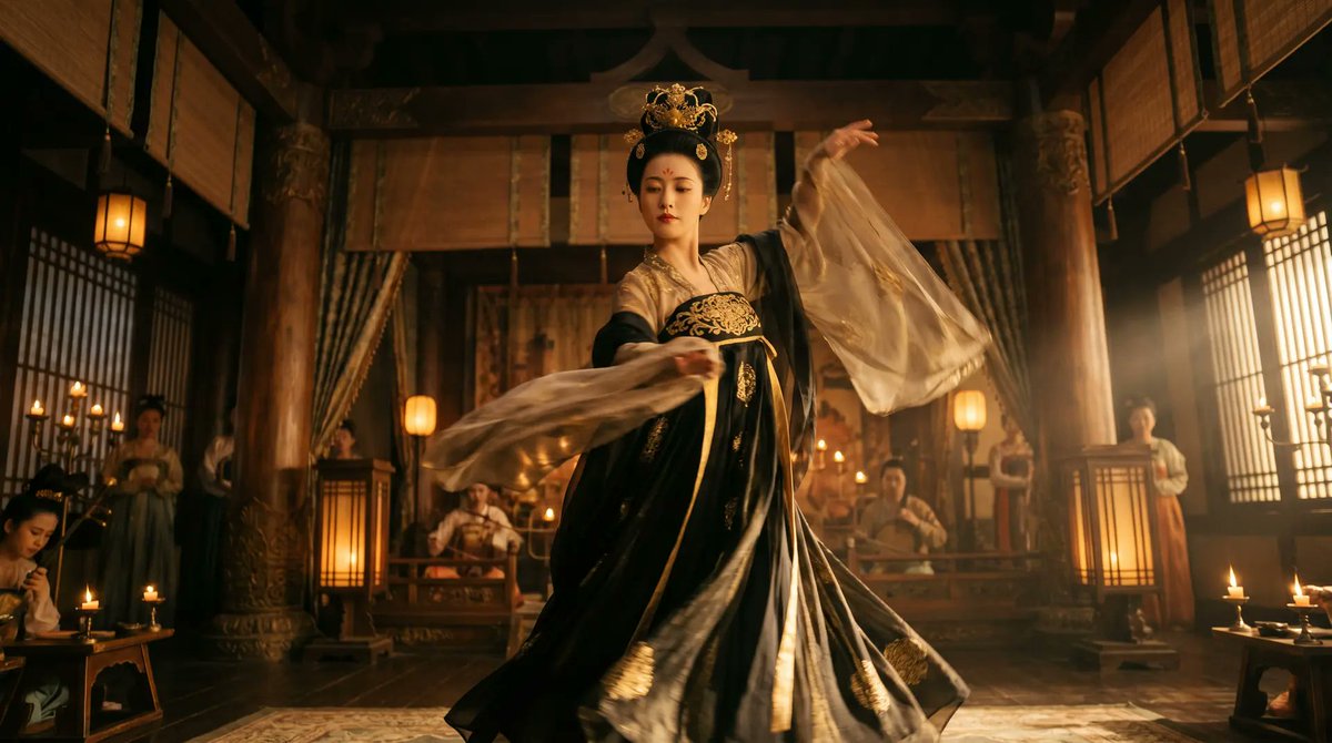 Cinematic Tang Court Dancer at Night Qwen Image prompt example: A photorealistic historical dance scene for generating a dramatic widescreen palace performance image with rich...