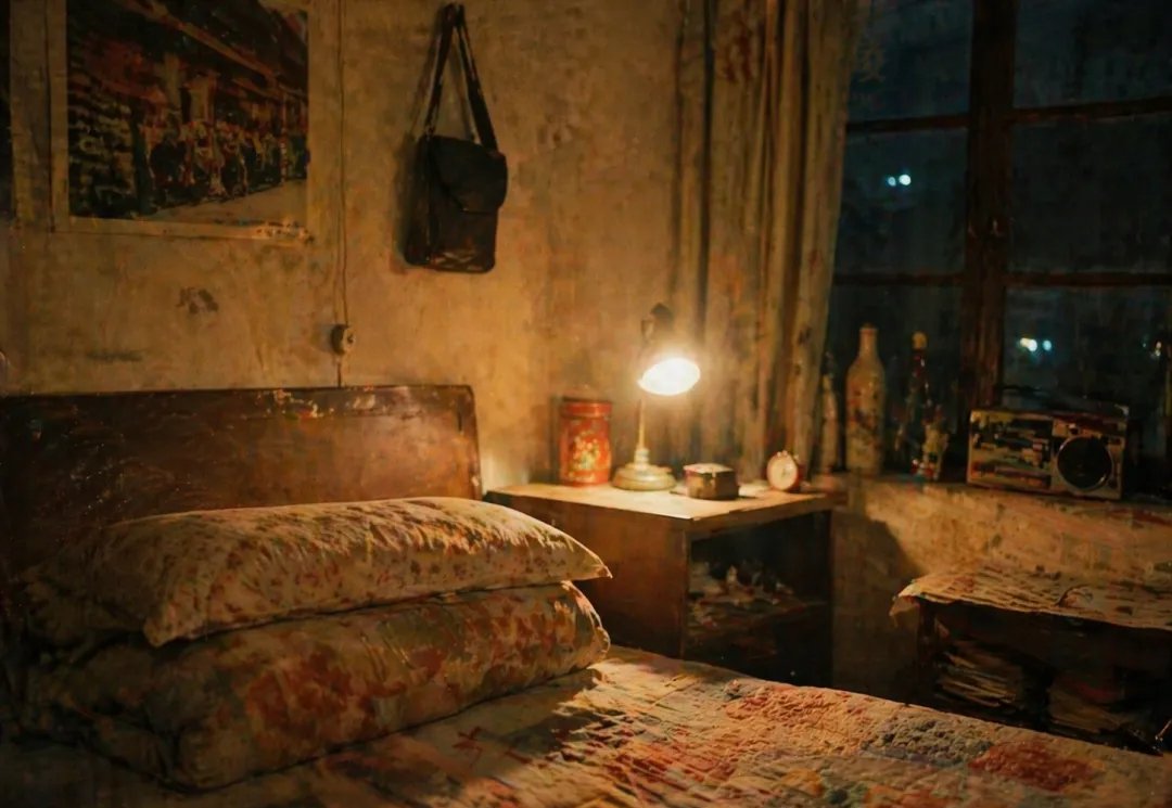 Moody Vintage Bedroom at Night 的 Qwen Image 提示词示例图:This prompt generates a cinematic nostalgic interior photo of an old bedroom lit by a bedside lamp, ideal for atmospheric...