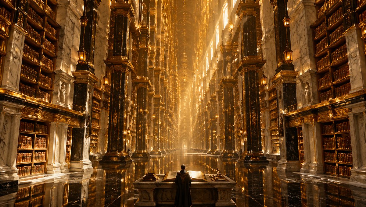 Impossible Infinite Golden Library Qwen Image prompt example: A cinematic fantasy architecture prompt for generating a vast impossible golden library interior with extreme...