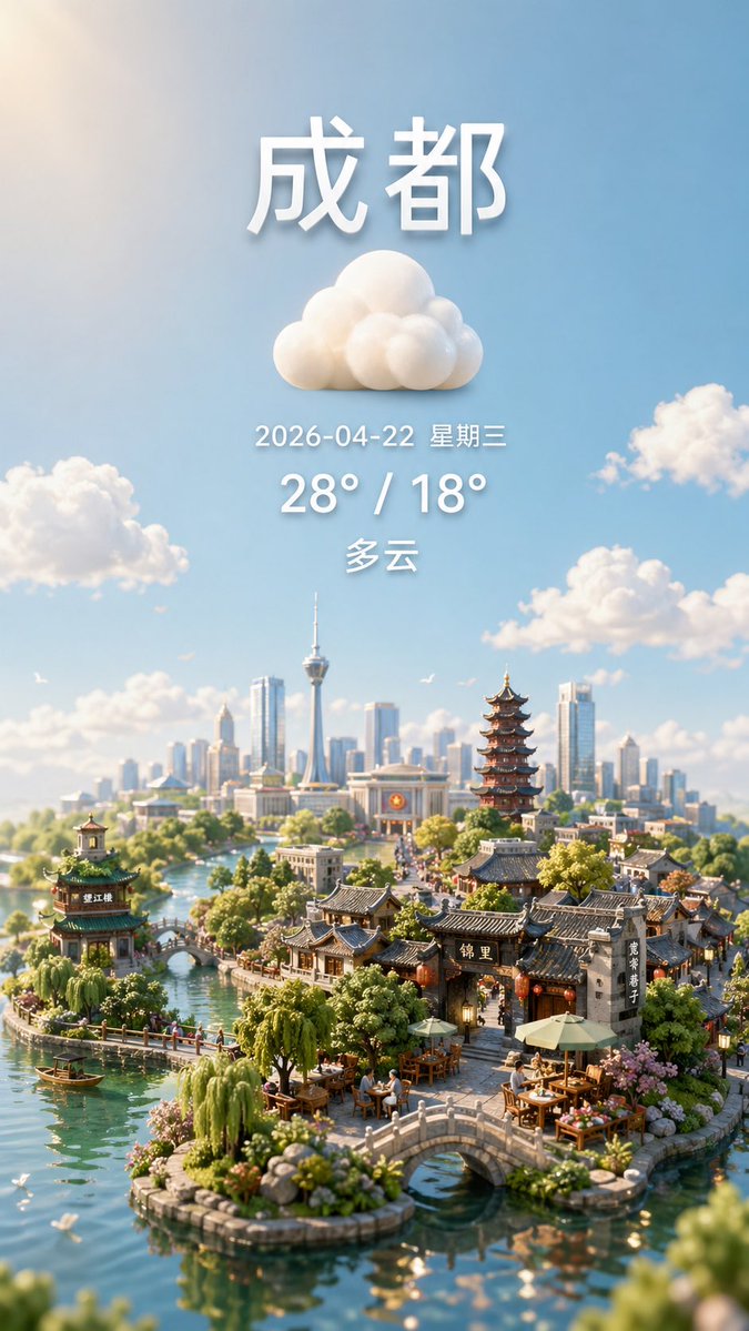 Miniature City Weather Poster 的 Qwen Image 提示词示例图:This prompt generates a polished vertical weather poster combining centered forecast typography with a whimsical miniature...
