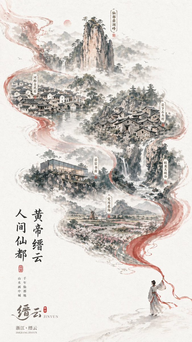 Chinese Ink-Wash Jinyun Travel Poster のQwen Imageプロンプト例: This prompt generates a poetic vertical Chinese landscape tourism poster with five scenic vignettes linked by a flowing...